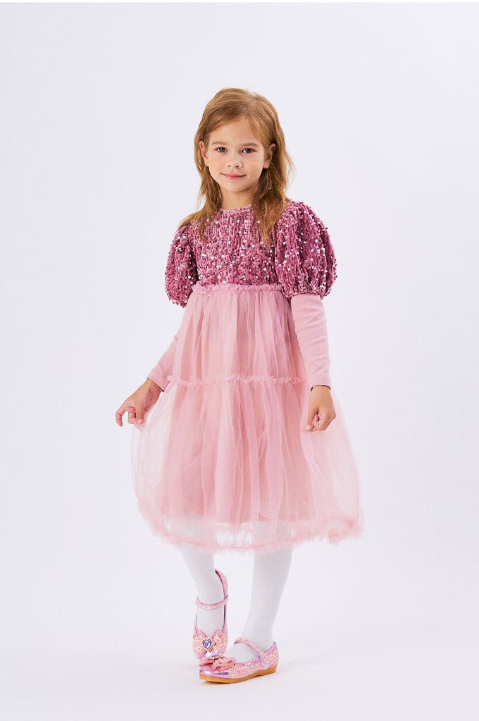 韓國 OZKIZ - 天鵝絨亮片點綴公主網紗洋裝-粉