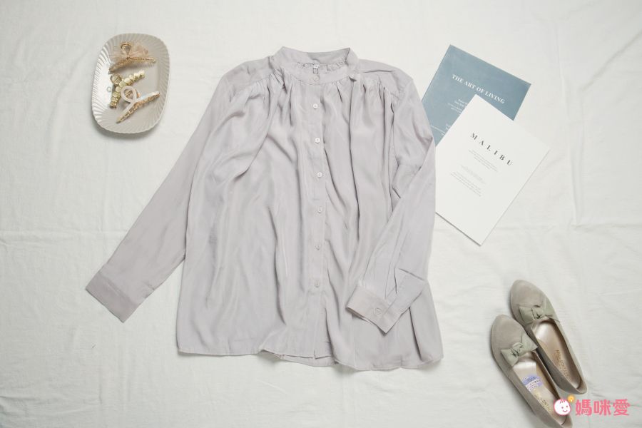 日本 COCA - 光澤感抓皺雪紡圓領長袖襯衫-紫