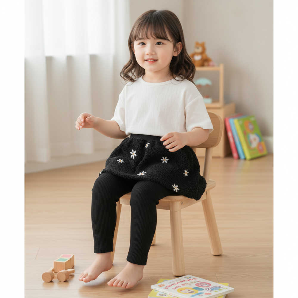 10分裙褲-刷毛 刺繡-黑色