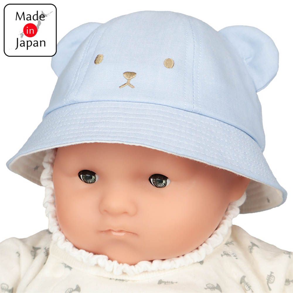 嬰幼兒反折帽-熊耳 星星-淺藍色-日本製