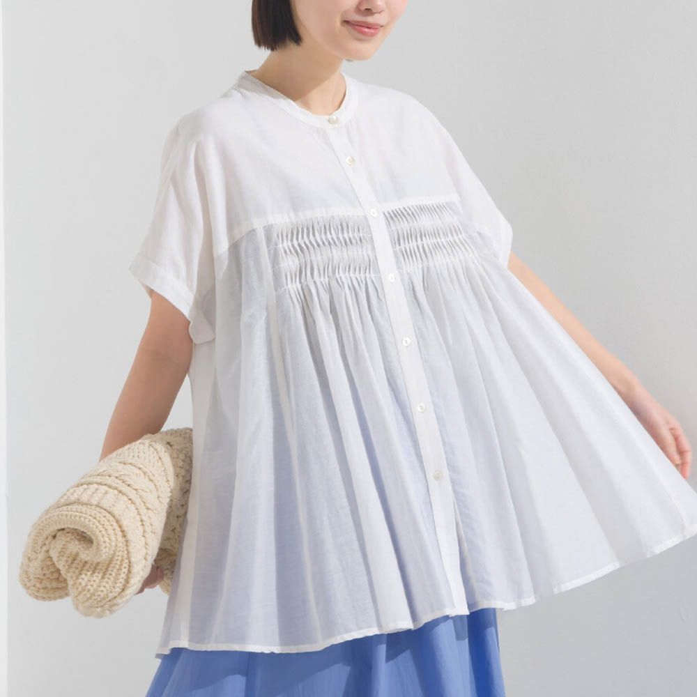 100%印度棉 皺摺傘狀短袖襯衫-白
