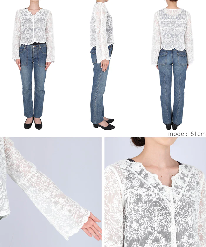 日本 COCA - 透明感蕾絲花朵薄外套/罩衫-白