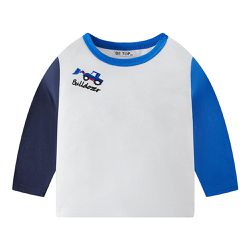 BE TOP - 純棉圓領薄長袖上衣-領口挖土機-拼色米白