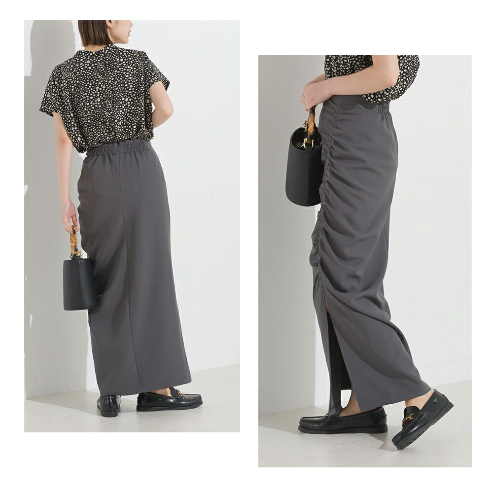 日本 OMNES - 優雅抽繩小開衩修身長裙-淺卡其