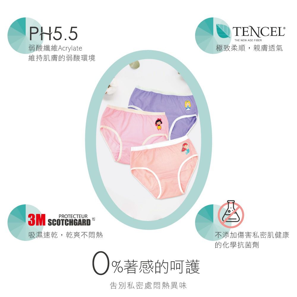 貝柔 Peilou - 天絲棉舒膚平衡童女三角褲-貼布繡-3件組-白雪公主+灰姑娘+美人魚-粉+紫+橘