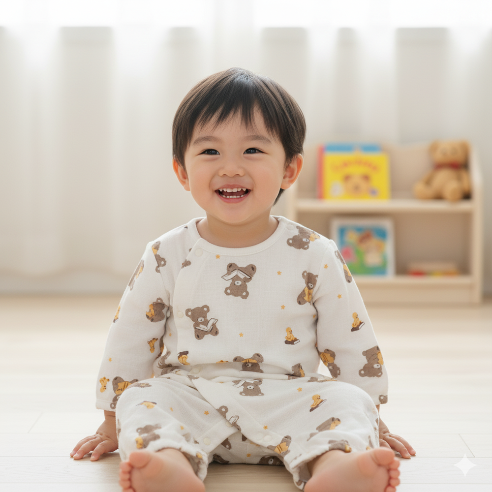 幼兒連身衣-小熊&繪本-摩卡色-日本製