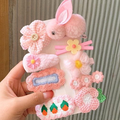 立體造型針織兒童髮夾9入組(無紙卡)-絨毛兔兔-粉色