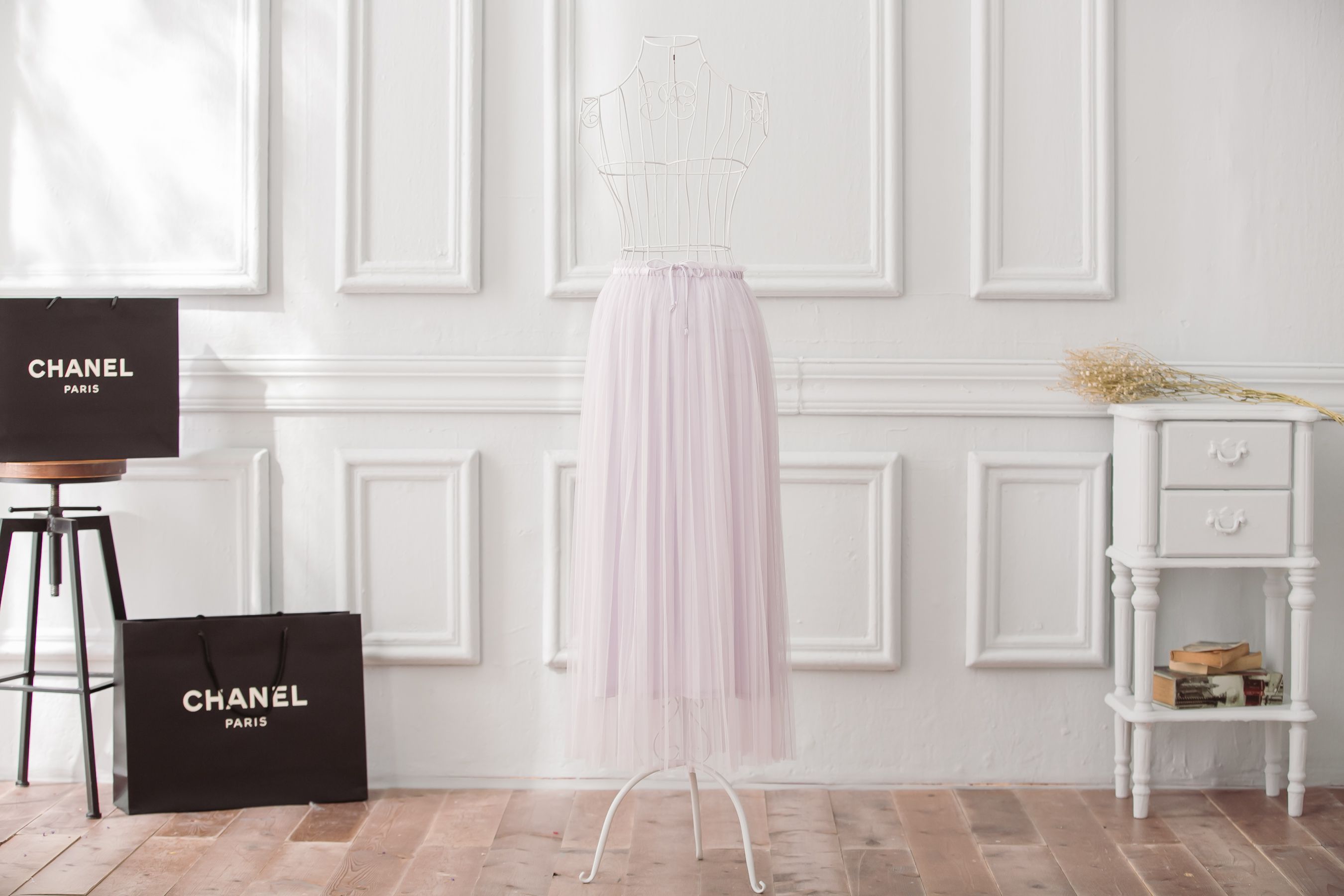 Peachy - 獨家訂製綿柔優雅綁帶百褶紗裙-綁帶百褶版-淺芋灰 (F)