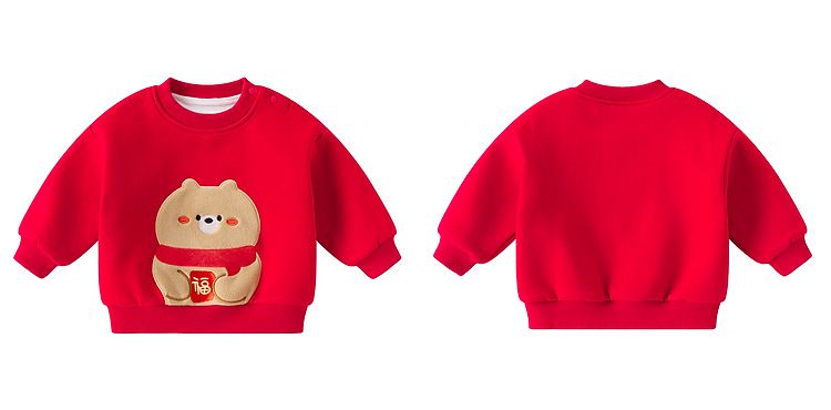 加絨喜氣洋洋長袖上衣-福氣熊熊-紅色