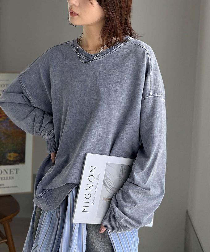 日本 Classical Elf - 俐落洗舊感V領寬版長袖T恤-炭黑