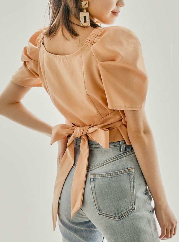 日本 GRL - 2way後腰綁帶交叉V領短袖澎澎上衣-時尚黑