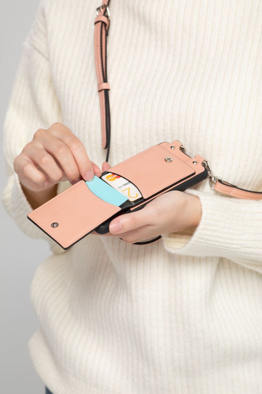 韓國 ARDERE - 卡夾折疊鏡皮質背繩防摔手機殼-蜜桃粉