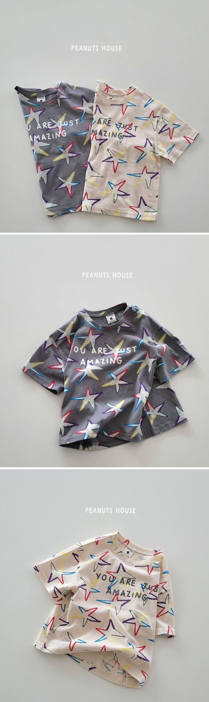 韓國 Peanuts House - 純棉印花圓領短袖上衣-五角星星-灰