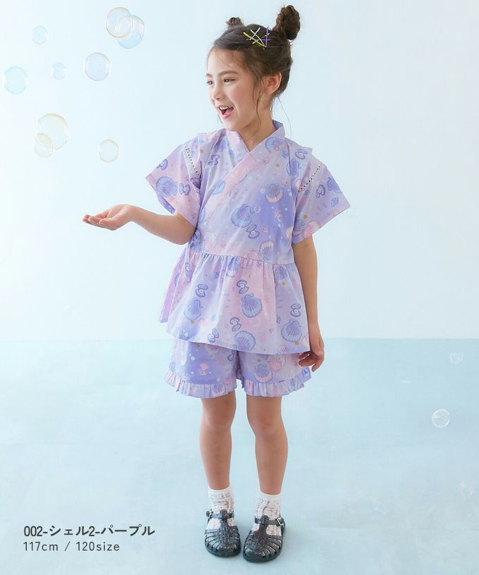 日本 devirock - [推薦]夢幻女孩荷葉邊甚平套裝-海洋-煙燻藍