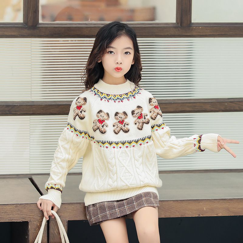 經典小熊麻花紋針織毛衣-米白