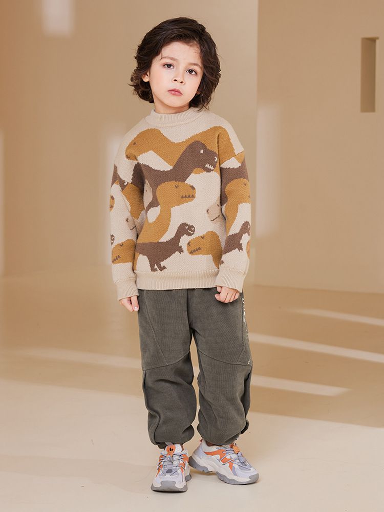 圓領保暖針織長袖上衣/毛衣-恐龍迷彩-綠色