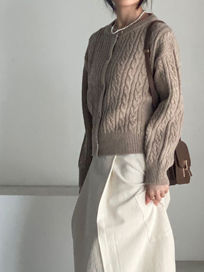 韓國女裝連線 - 麻花捲鈕扣無領針織外套-摩卡咖 (FREE)
