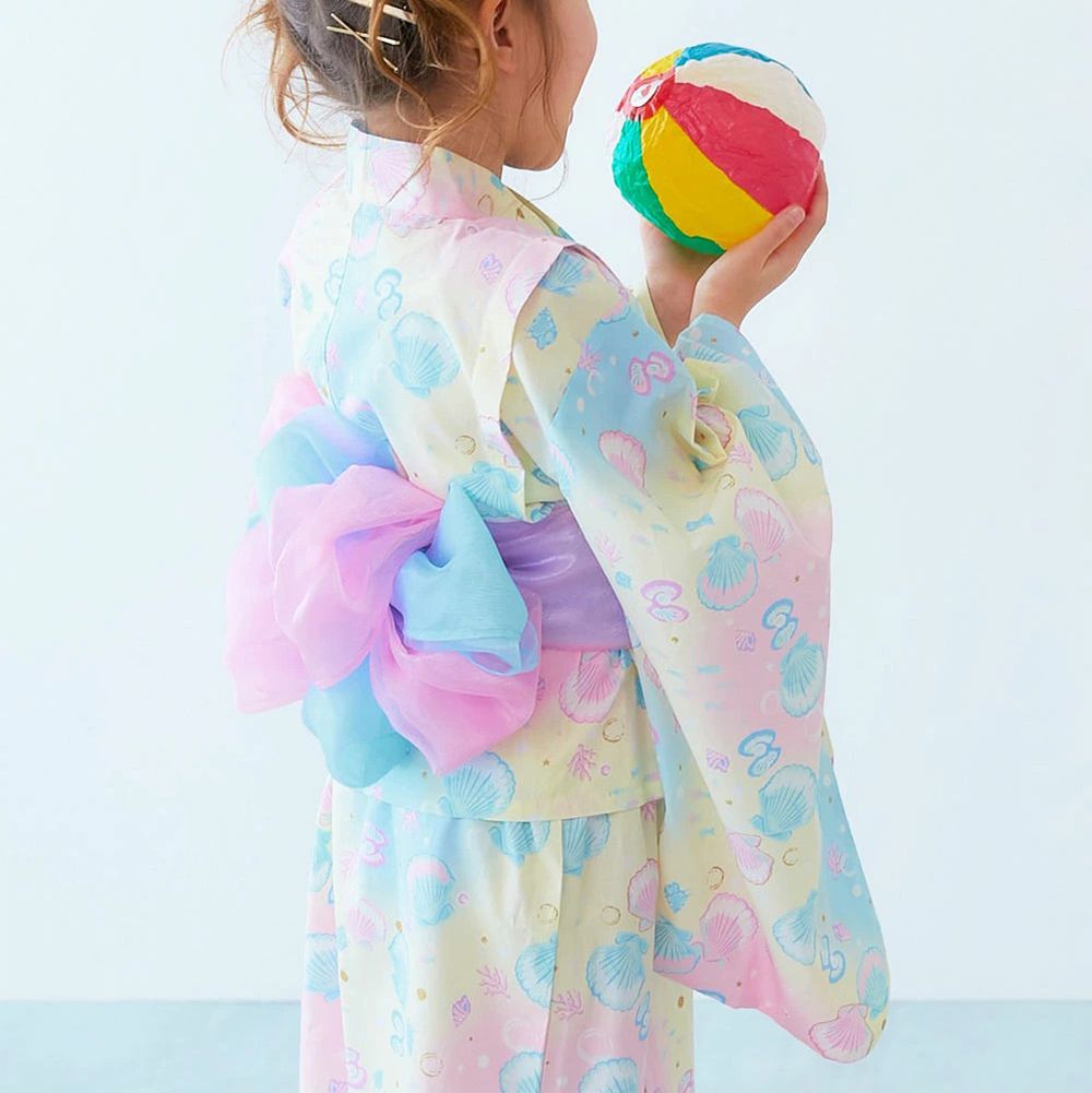 純棉 2way穿搭華麗浴衣洋裝(4件組)-泡泡貝殼-粉彩黃