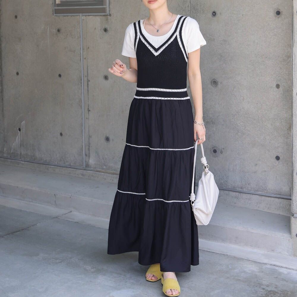 純棉針織拼接渡假風無袖洋裝-經典黑