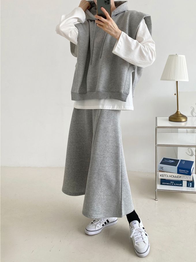 韓國女裝連線 - 休閒風連帽背心長裙套裝-黑 (FREE)