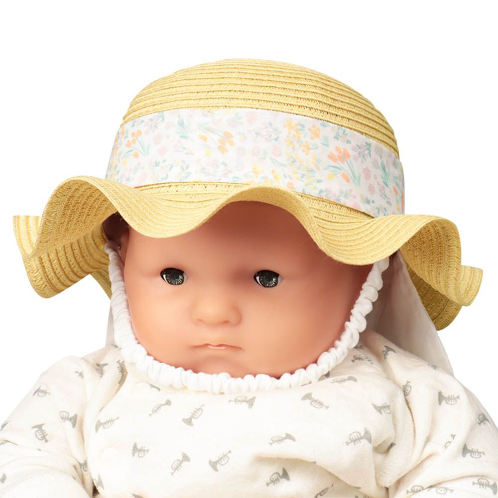 嬰幼兒波浪邊帽-可洗可折疊附防曬遮陽布-淺卡其色