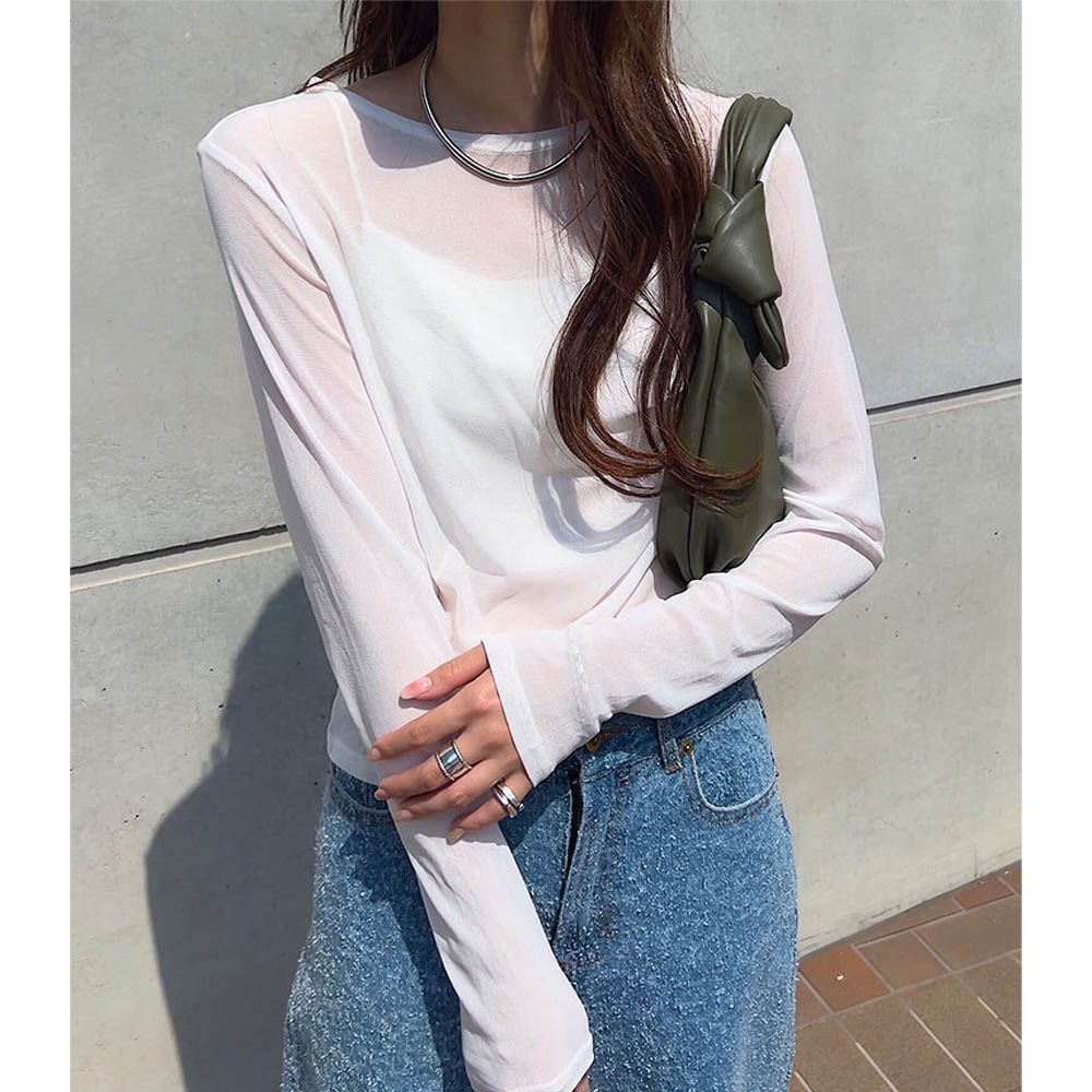 華美透膚內搭長袖上衣-素面圓領-白