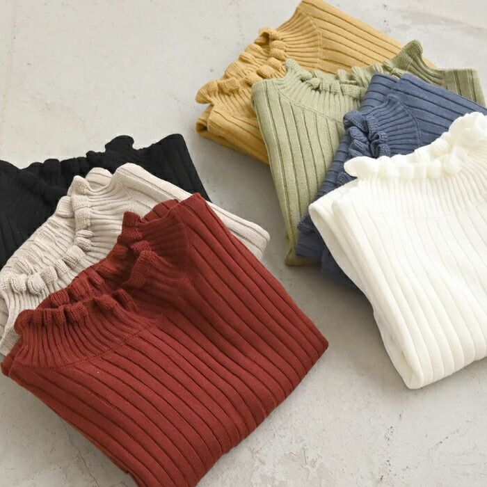 日本 ihuu - 百搭荷葉領羅紋薄針織上衣-芥末黃