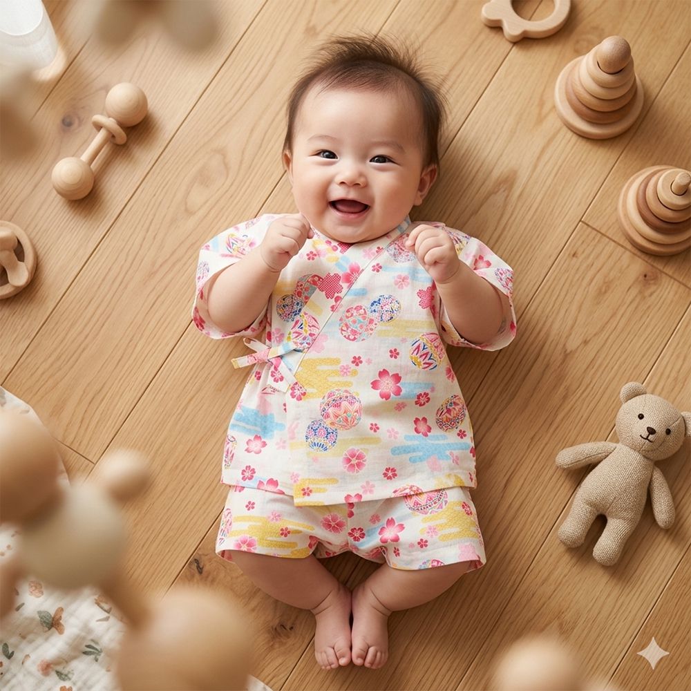 幼兒兩件式甚平-兔子鞠球圖案-米白色