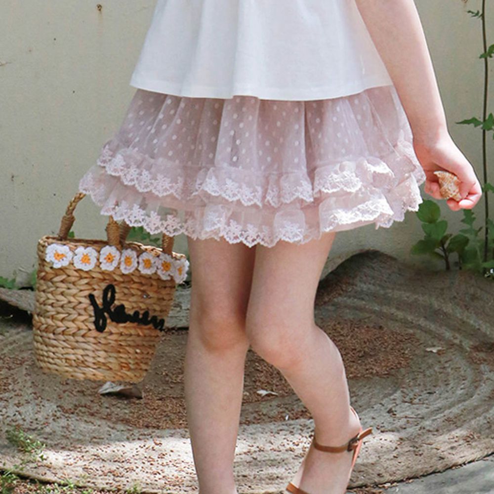 韓國 PuellaFLO - 點點網紗蕾絲蛋糕褲裙-淡粉紅