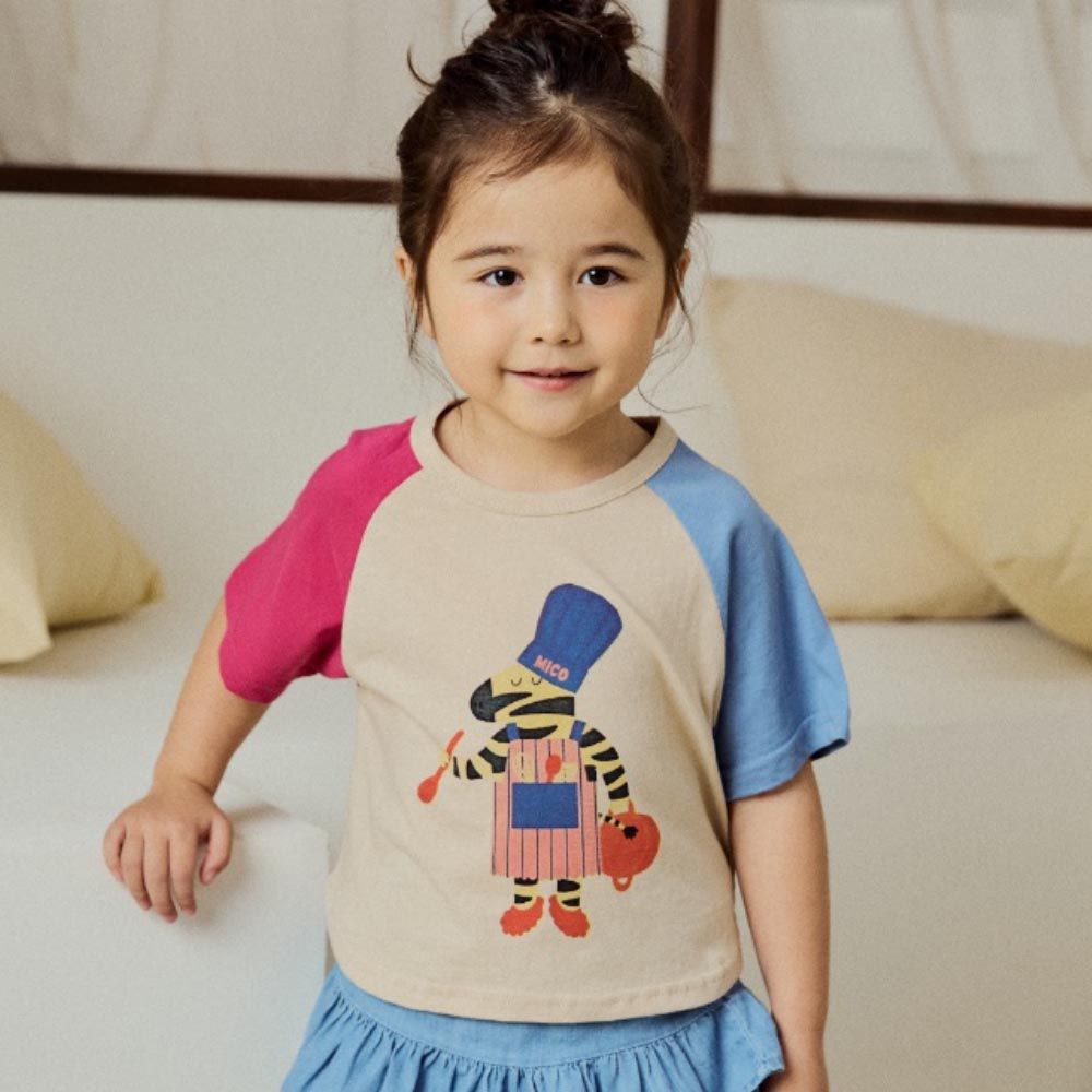 韓國 Mimico - 童趣雙色短袖上衣-廚師-桃紅X天藍