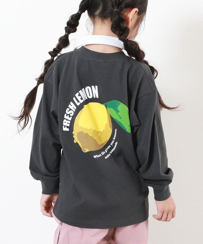 日本 devirock - 100%棉 定番印花寬版長袖上衣-PEACH LOVES-灰杏