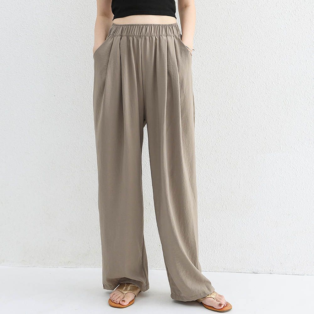 高腰修身微寬鬆落地長褲-咖色