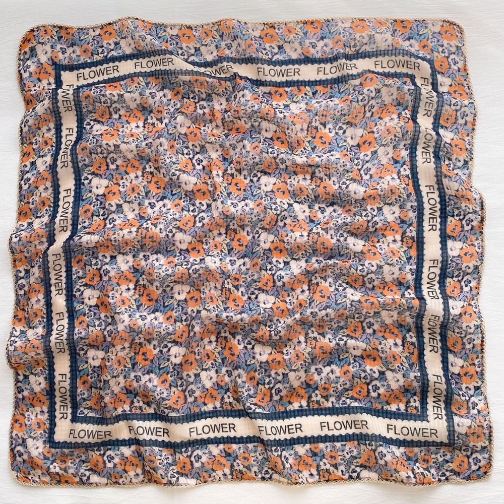法式棉麻披肩方巾-字母花紋-藍橘色 (90x90cm)