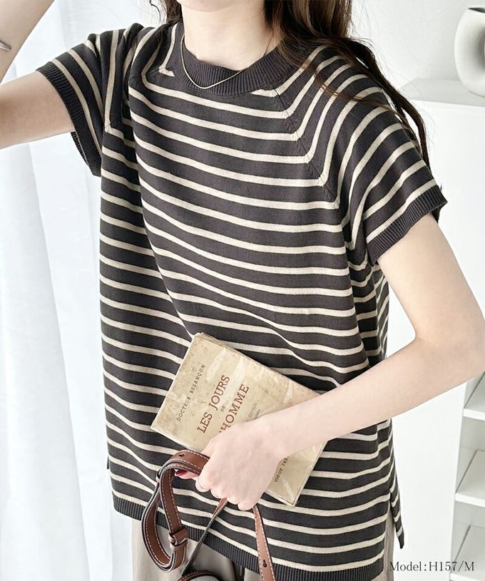 日本 Classical Elf - 定番條紋2way亨利領短袖上衣-黑白