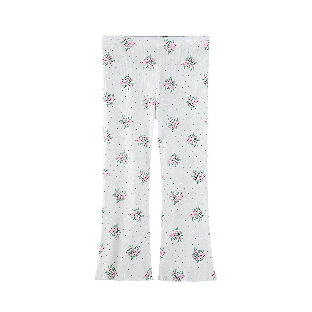 腰鬆緊微喇叭內搭褲-小碎花-白色點點