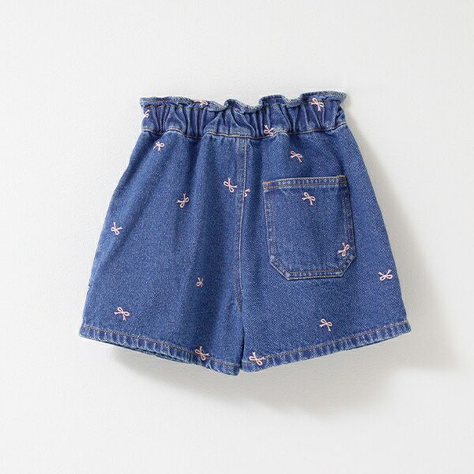 日本 Lycee mine - 甜美刺繡純棉丹寧風褲裙-櫻桃-淺藍