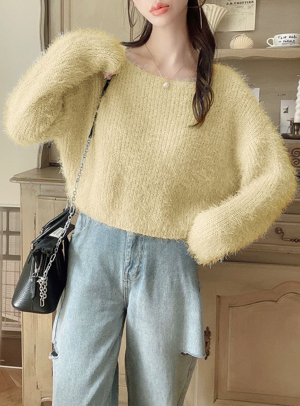 日本 GRL - 聯名款 柔美毛絨感短版毛衣-淺粉 (F)