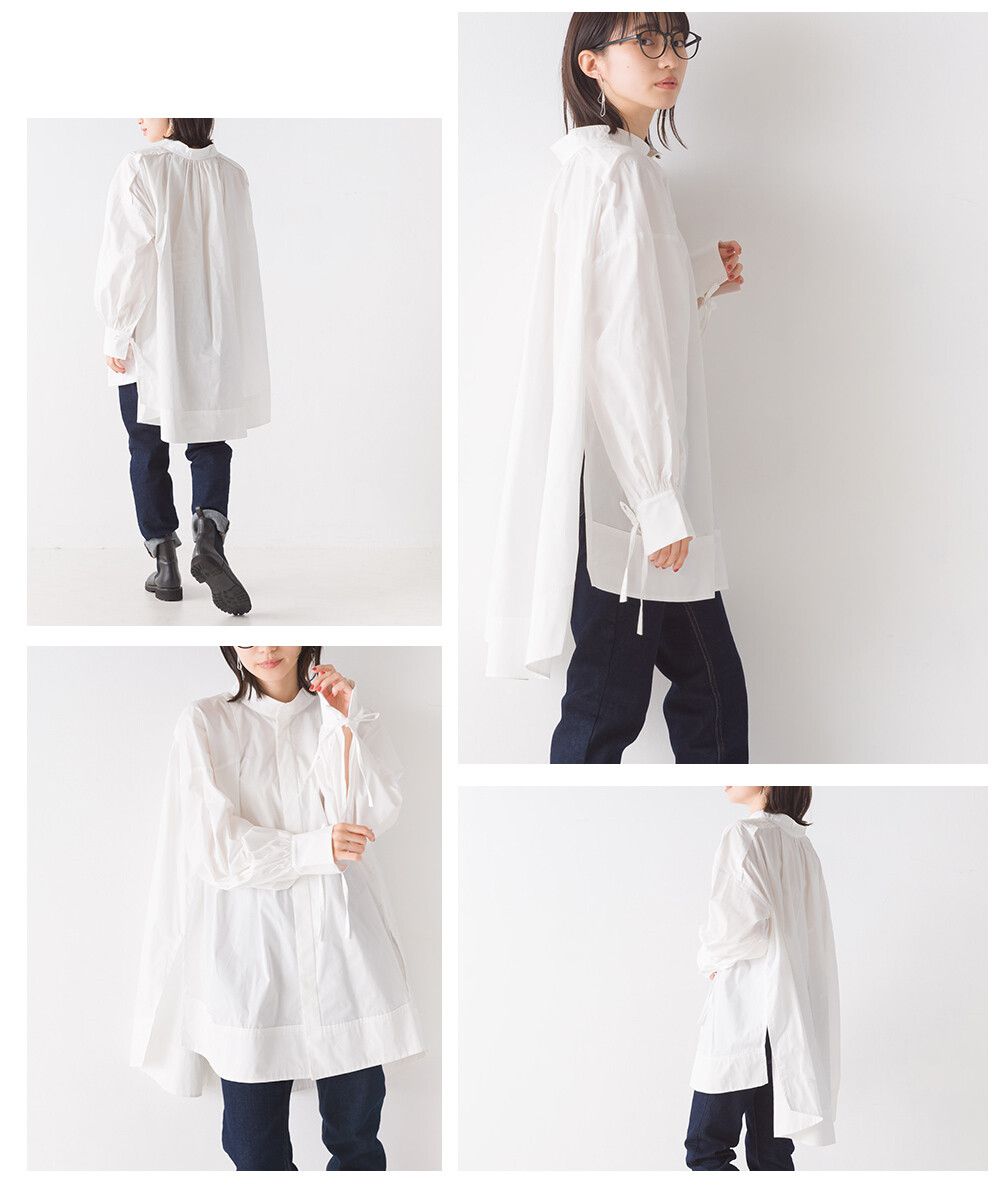 日本 OMNES - 文藝氣質糖果袖立領長袖襯衫-淺米杏