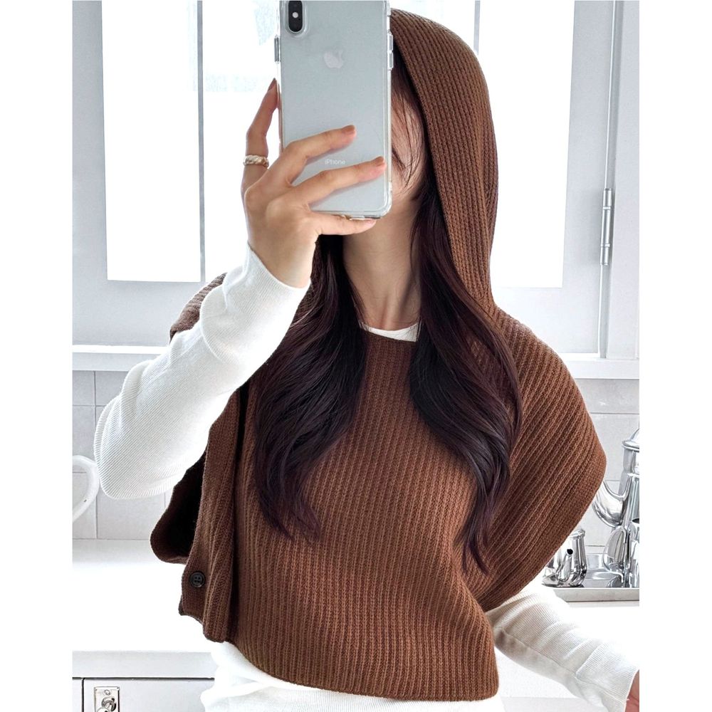 細緻喀什米爾羊毛短版連帽背心-咖啡 (FREE)