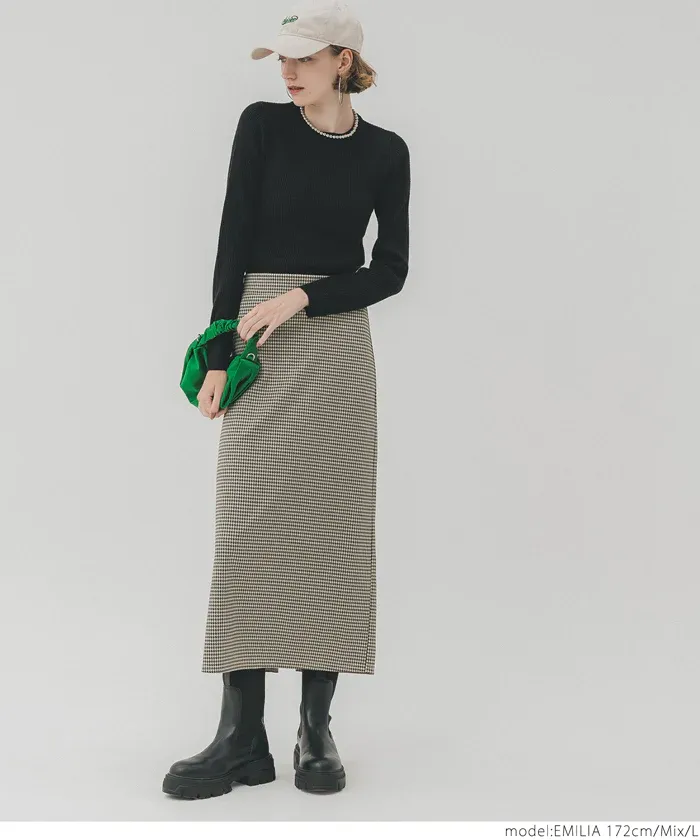 日本 COCA - 修身優美千鳥格後開叉長裙-黑白
