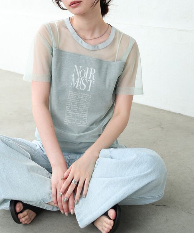 日本 Bab - 個性風透膚薄紗層次短袖上衣-英文字印花-白