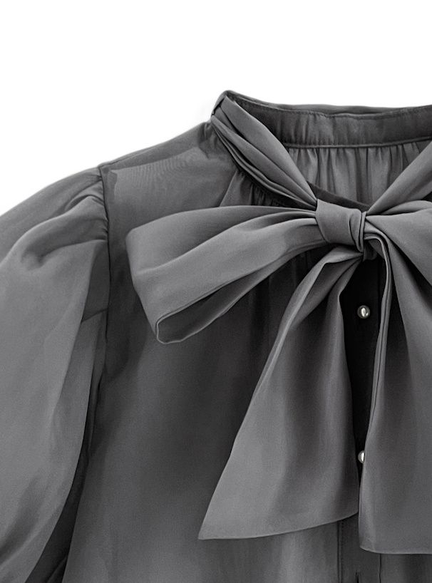 日本 GRL - 優雅光澤感蝴蝶結短袖襯衫-石墨灰 (F)