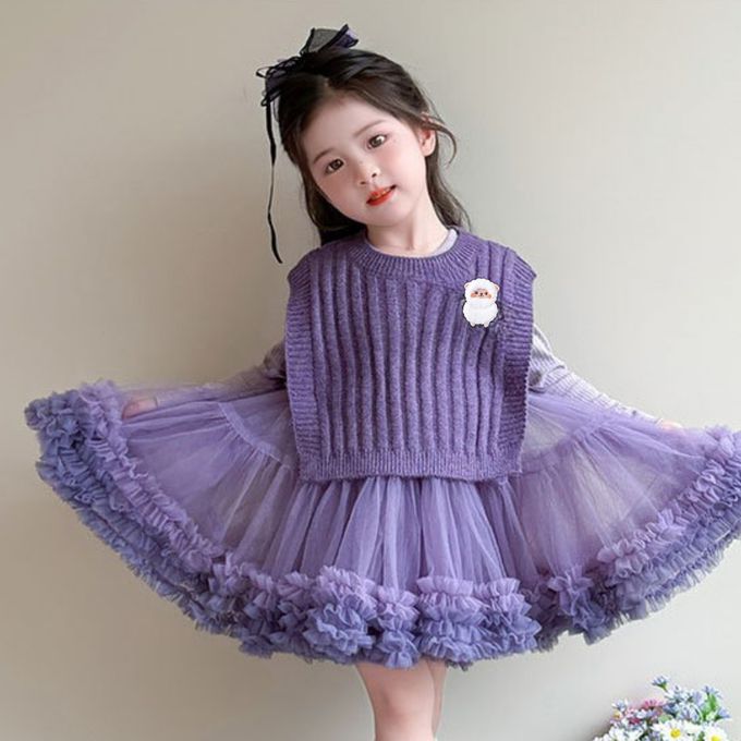 新新年生日可愛漸層紫羅蘭網紗蛋糕裙長袖洋裝