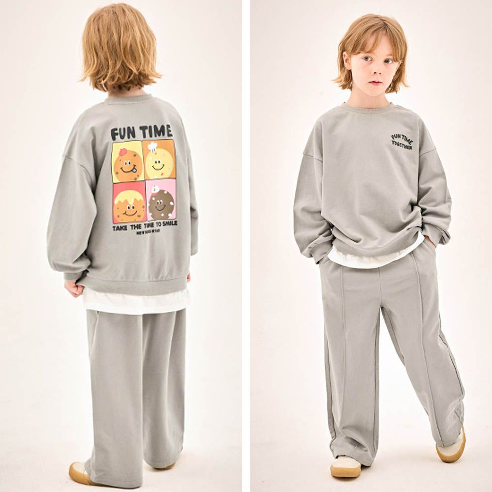 可口甜甜圈圖案純棉長袖套裝-灰