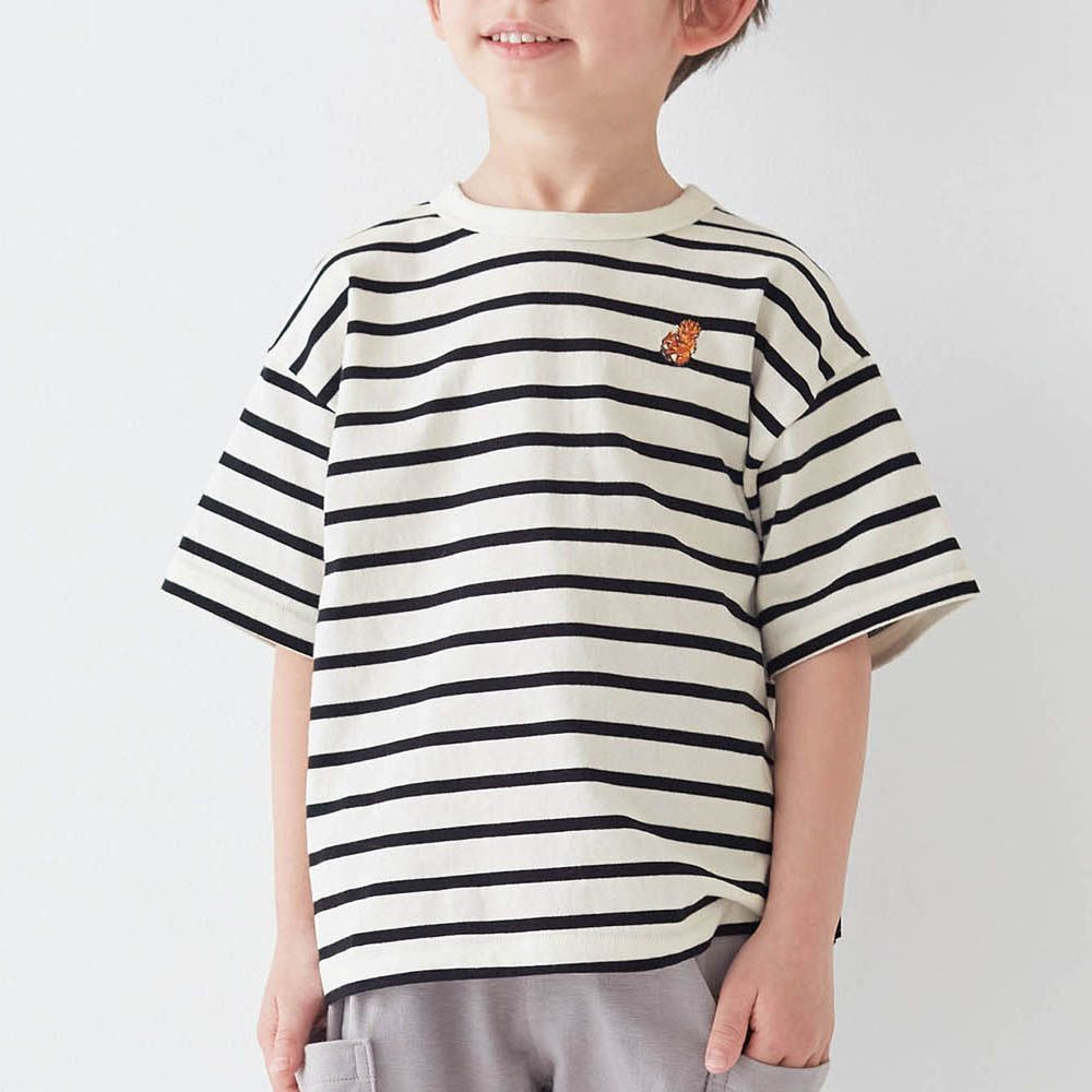 GITA 定番印花落肩短袖上衣-松鼠條紋-黑x白