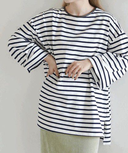 日本 Bou Jeloud - 百搭落肩長袖上衣-條紋-粉