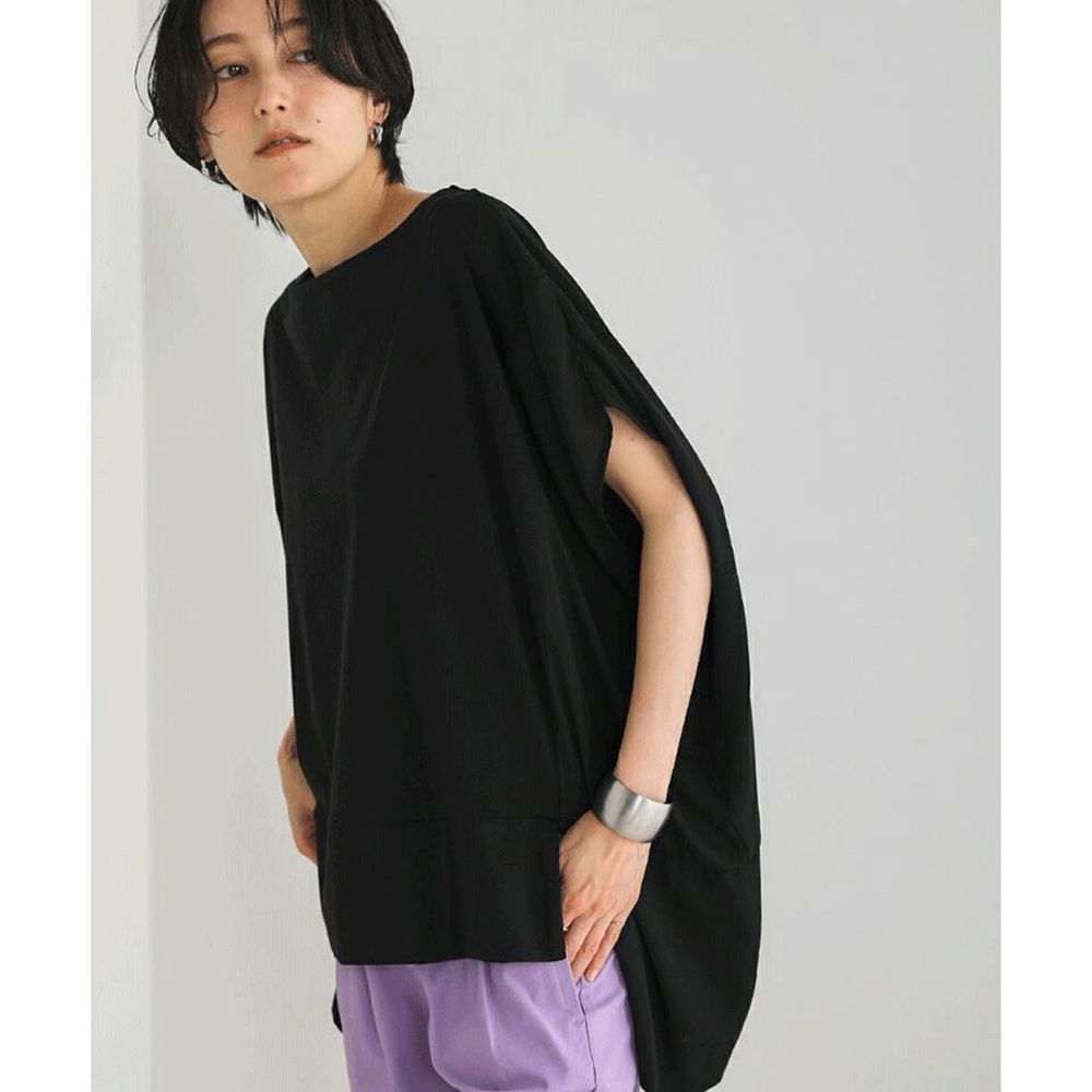 日本 Bou Jeloud - 棉X光澤感異材質不規則短袖上衣-黑