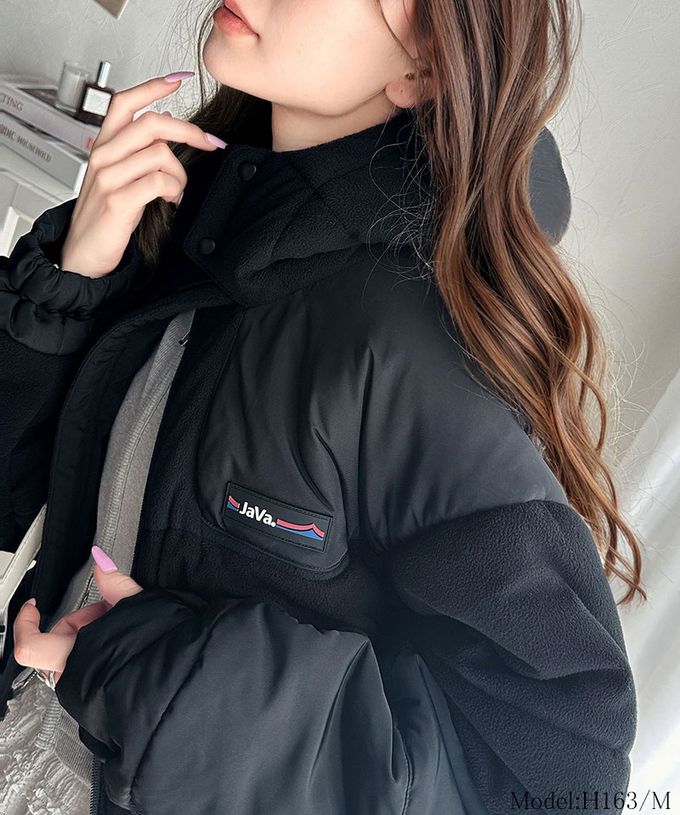 日本 Classical Elf - Java 時尚異素材鋪棉澎澎保暖外套-黑