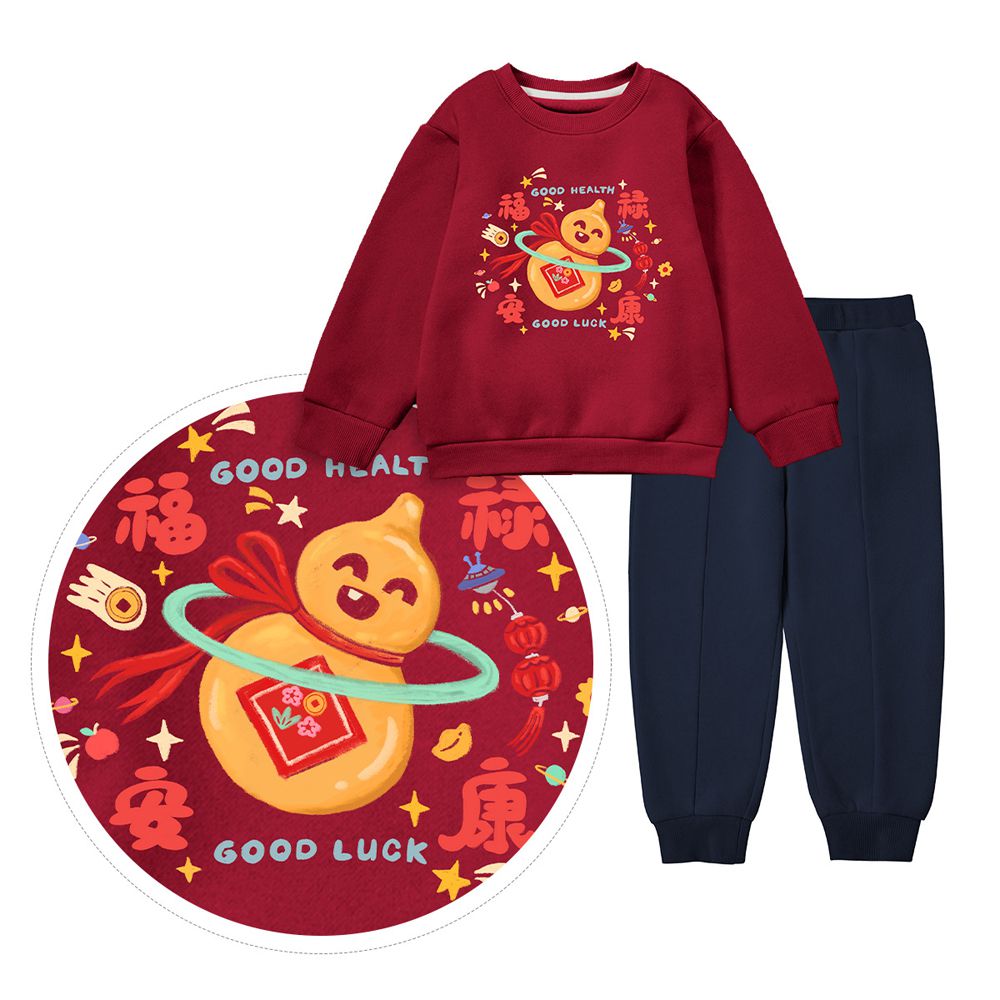 內刷絨長袖上衣+長褲套裝-福祿安康-紅x藏青