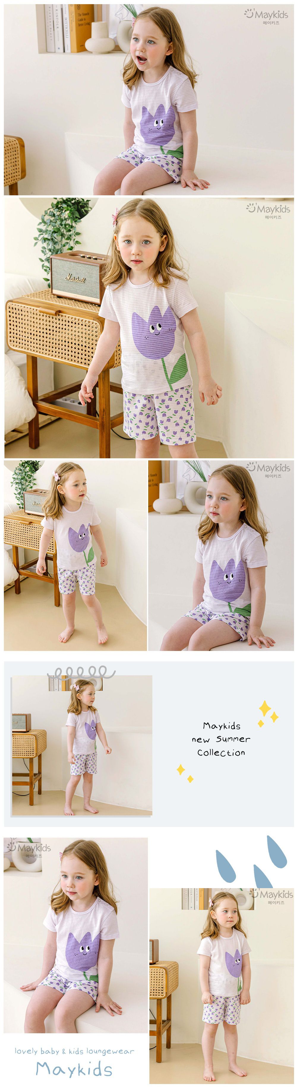 韓國 Maykids - 有機棉透氣輕薄短袖家居服-紫色鬱金香